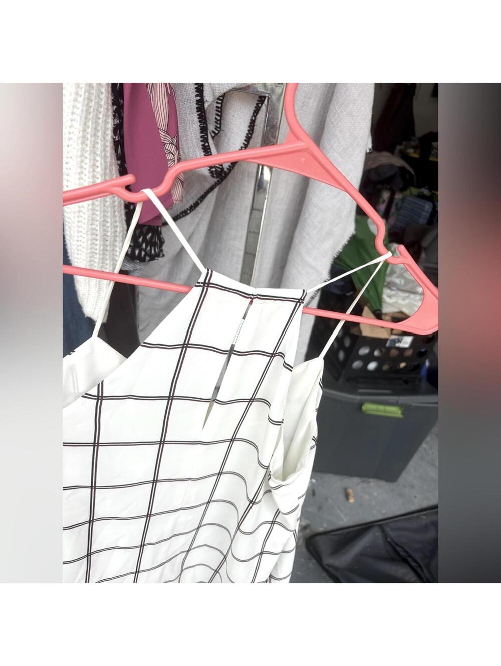 Express Barcelona Cami Spaghetti Strap Top in White with Black Windowpane Check
